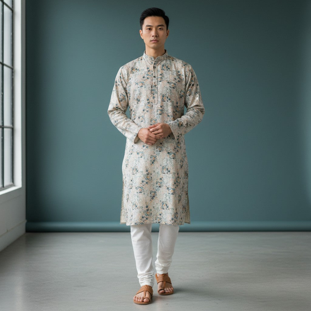 Designer Kurta for Men - Floral Print Cotton-Polyester Blend