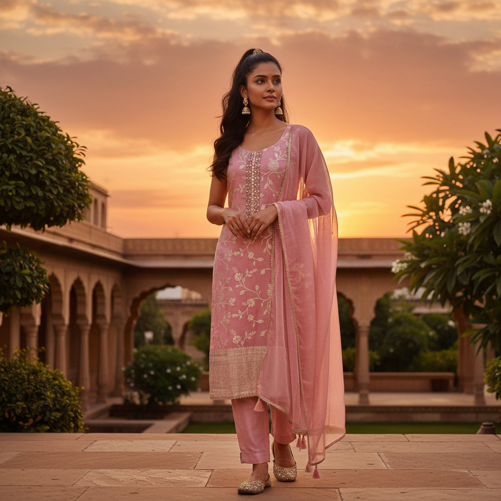 Silk Blend Floral Print Kurta Set for Celebrations