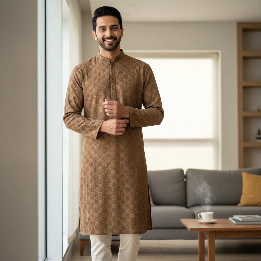 Brown Checkered Mandarin Collar Kurta