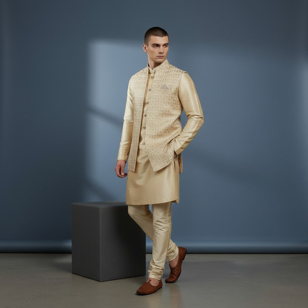 A golden Self Design Men's Sherwani