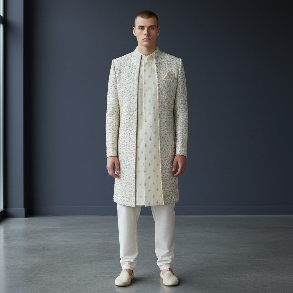 A Cream Self Design Open Jacket Sherwani