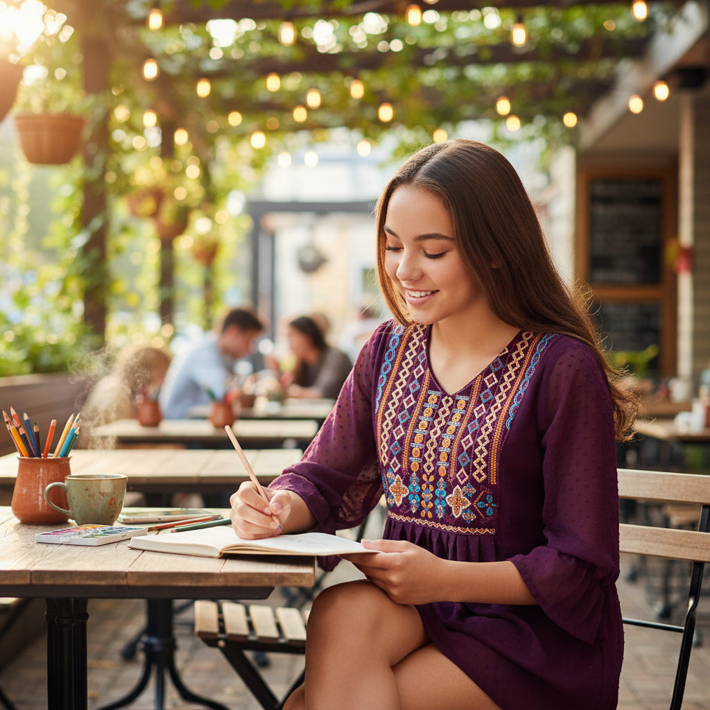 Swiss Dot Chiffon Tunic with Geometric Embroidery