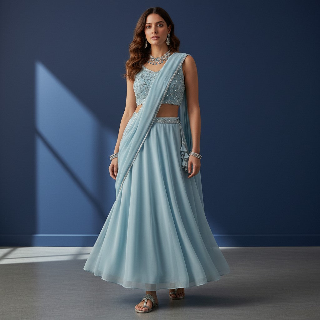 Ice Blue Sequined Lehenga Choli Set