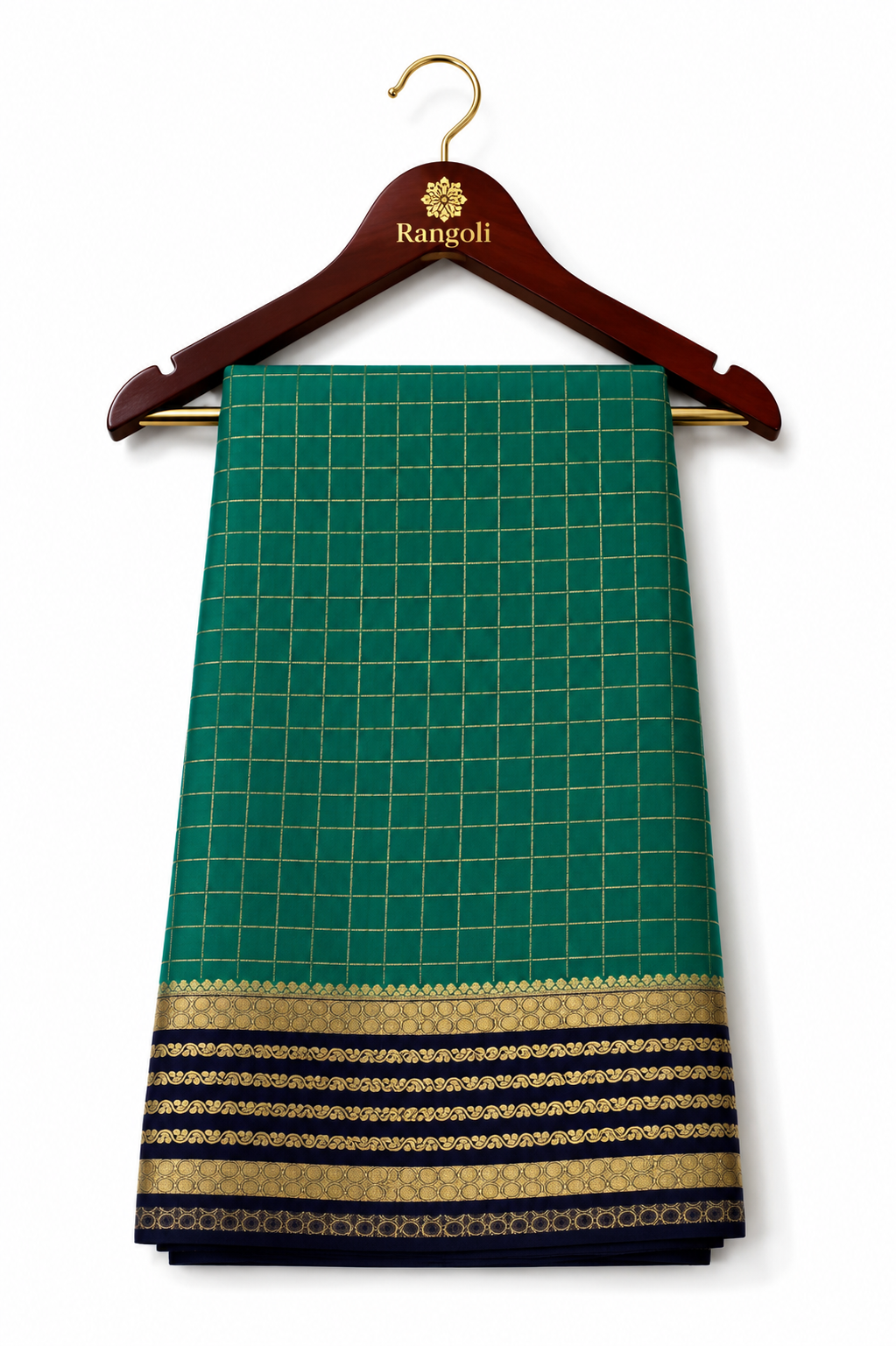 Green Gold Checks Navy Border Pure Silk Saree