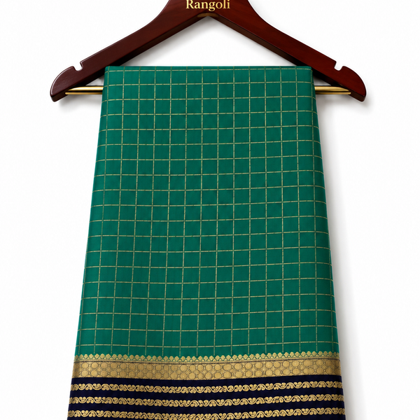 Green Gold Checks Navy Border Pure Silk Saree