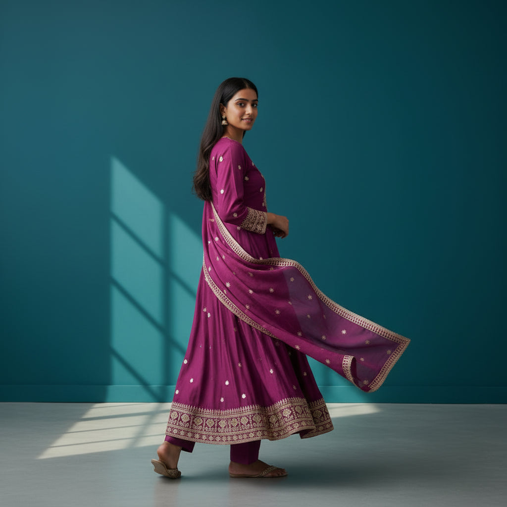 Silk Blend Crinkle Anarkali Set