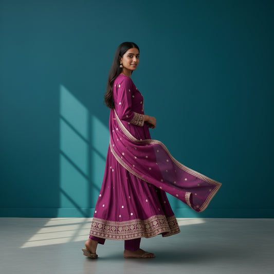 Silk Blend Crinkle Anarkali Set