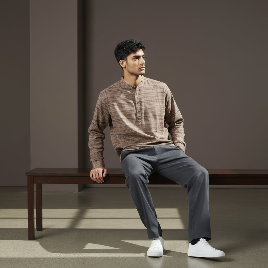 Men's Henley Neck Kurta with Stripes