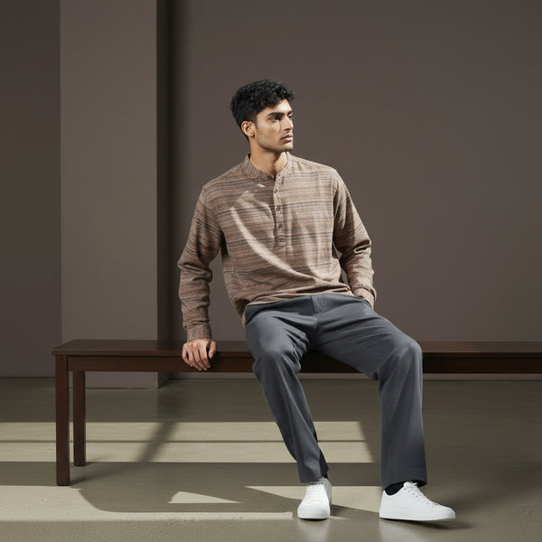 Men's Henley Neck Kurta with Stripes