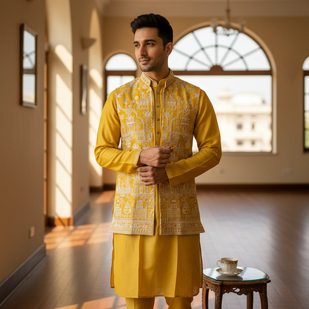 Men's Yellow 3-Piece Kurta Set