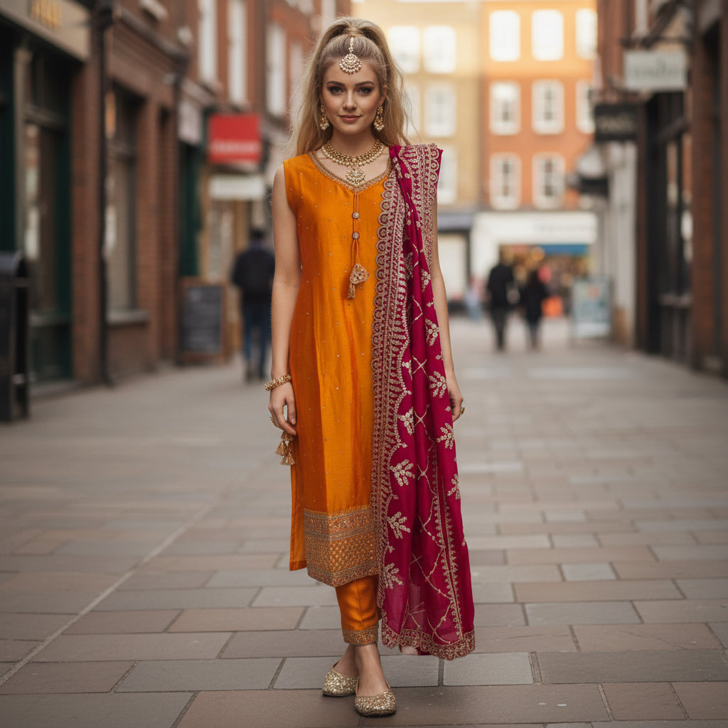 Silk Blend Kurta Set with Heavy Zari Border