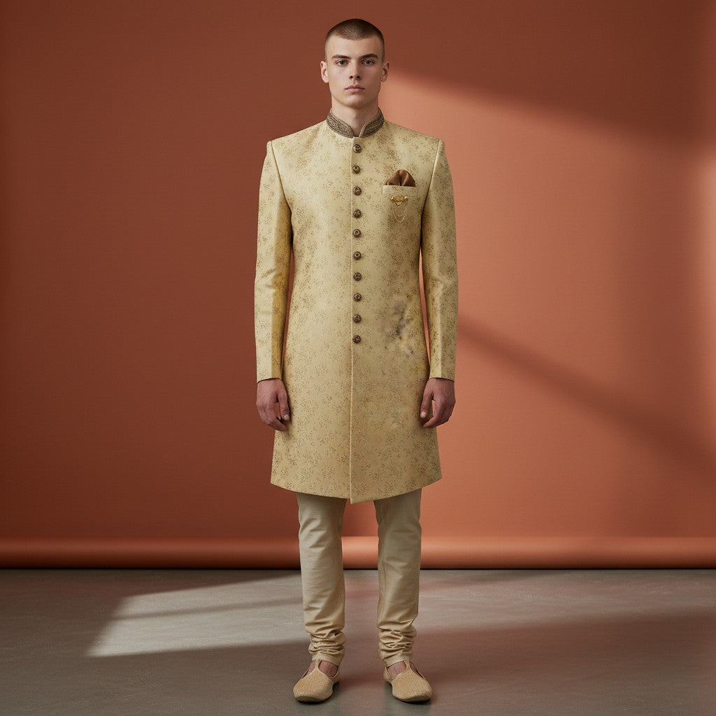 A Yellow Self Design Sherwani