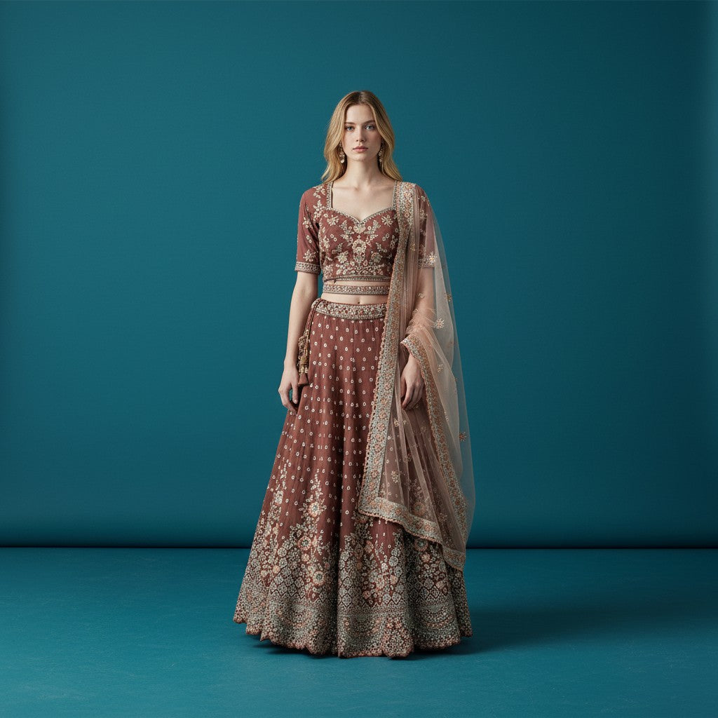Deep Chocolate Bridal Lehenga with Floral Embroidery and Stone Work