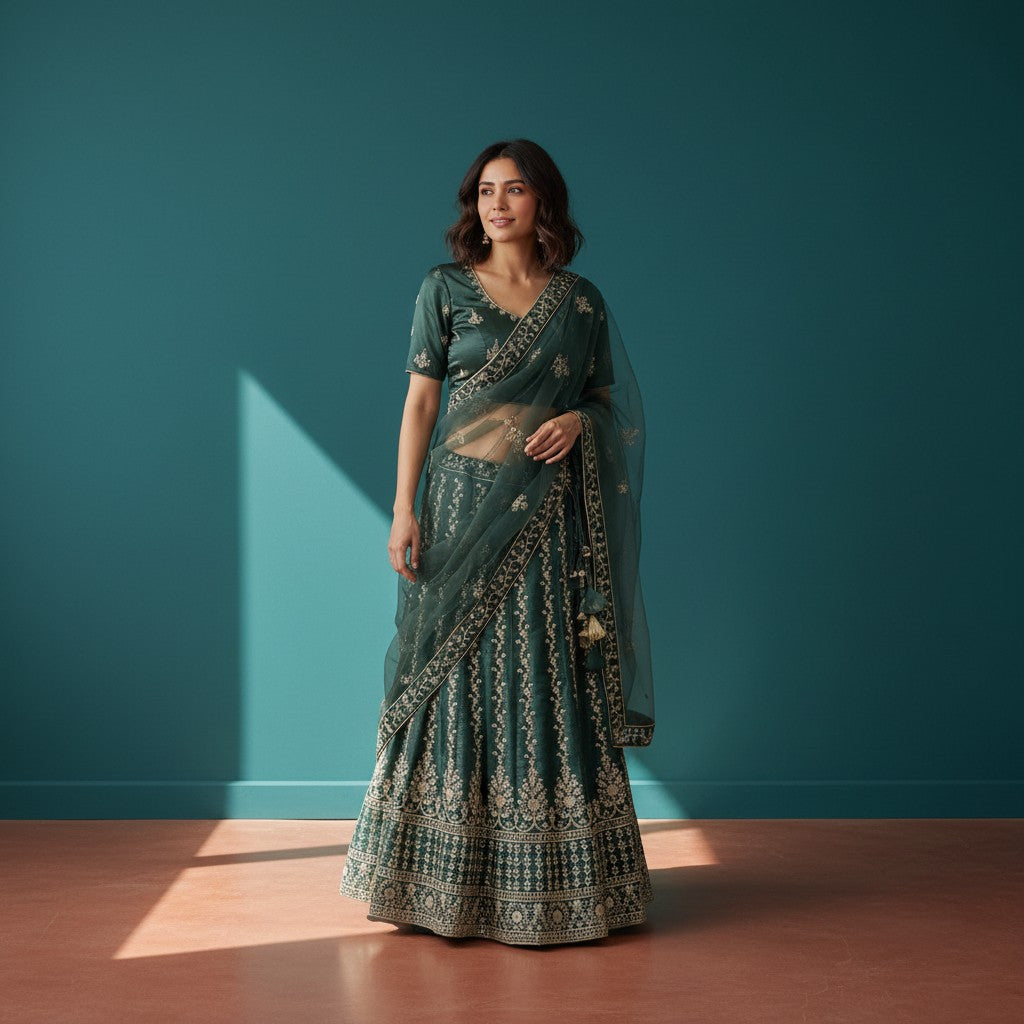 Emerald Green Net Organza Lehenga with Silver Zari and Sequin Embroidery