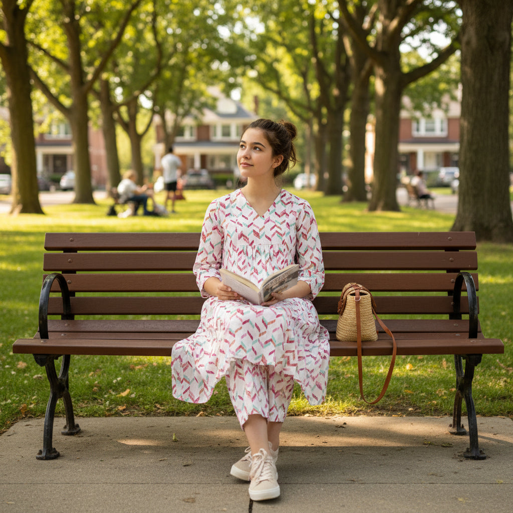 Cotton Gathered Tunic with Multi-Colored Chevron Pattern