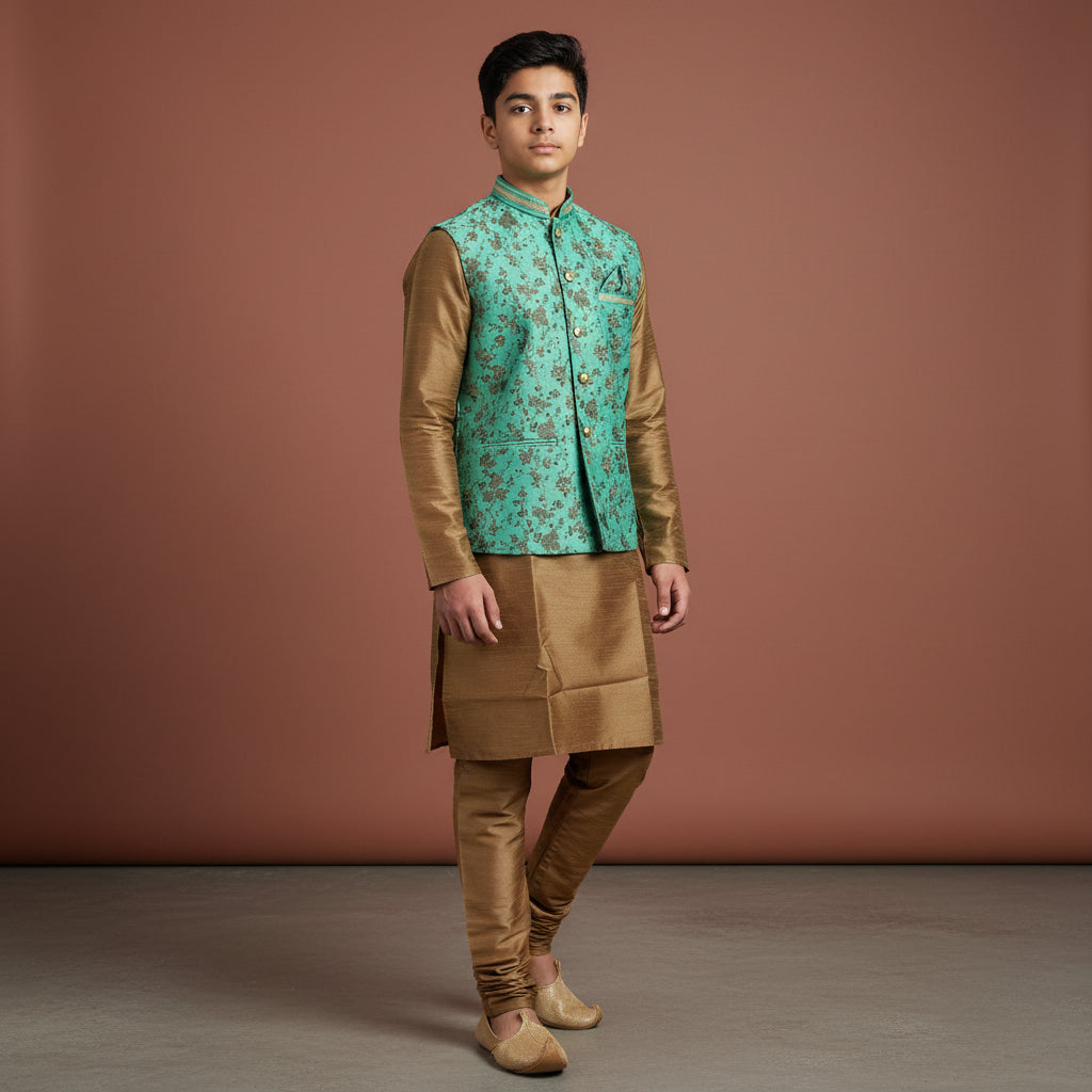Men 3 Piece Set - Turquoise Nehru Jacket with Kurta and Churidar