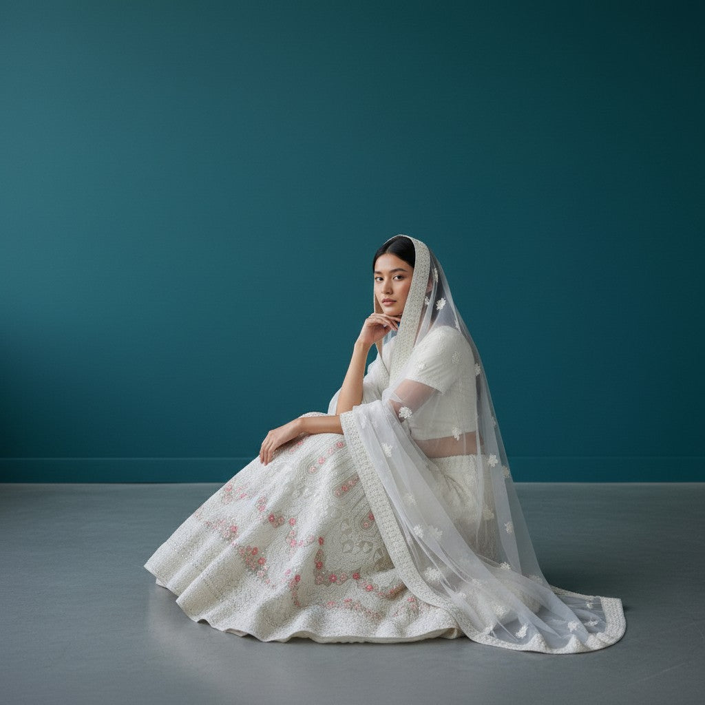 Off-White Ethnic Ghagra Choli Set with Pink and Gold Floral Embroidery and Net Overlay Work
