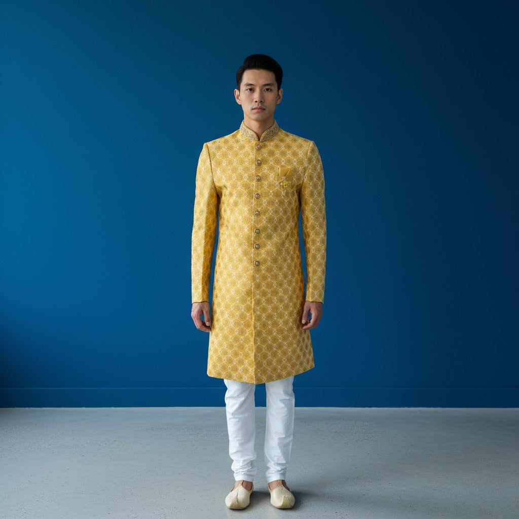 A Yellow Colored Self Design Sherwani