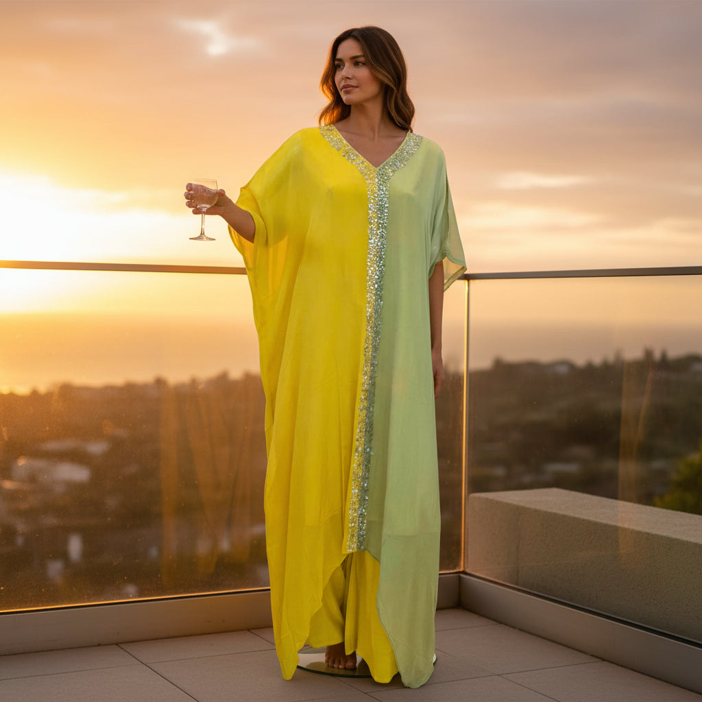Crepe Silk Color-Block Kaftan Dress