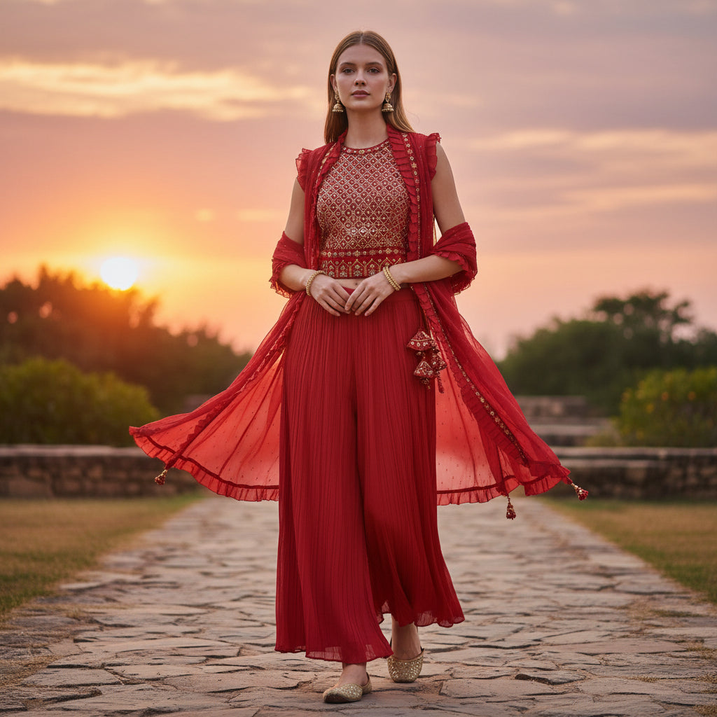 Pleated Georgette Co-ord Set Embroidered Ensemble