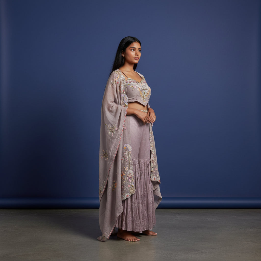 Crepe Silk Sharara Set with Embroidered Crop Top and Shrug
