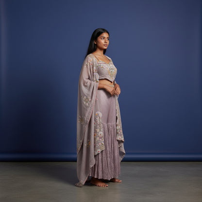 Crepe Silk Sharara Set with Embroidered Crop Top and Shrug