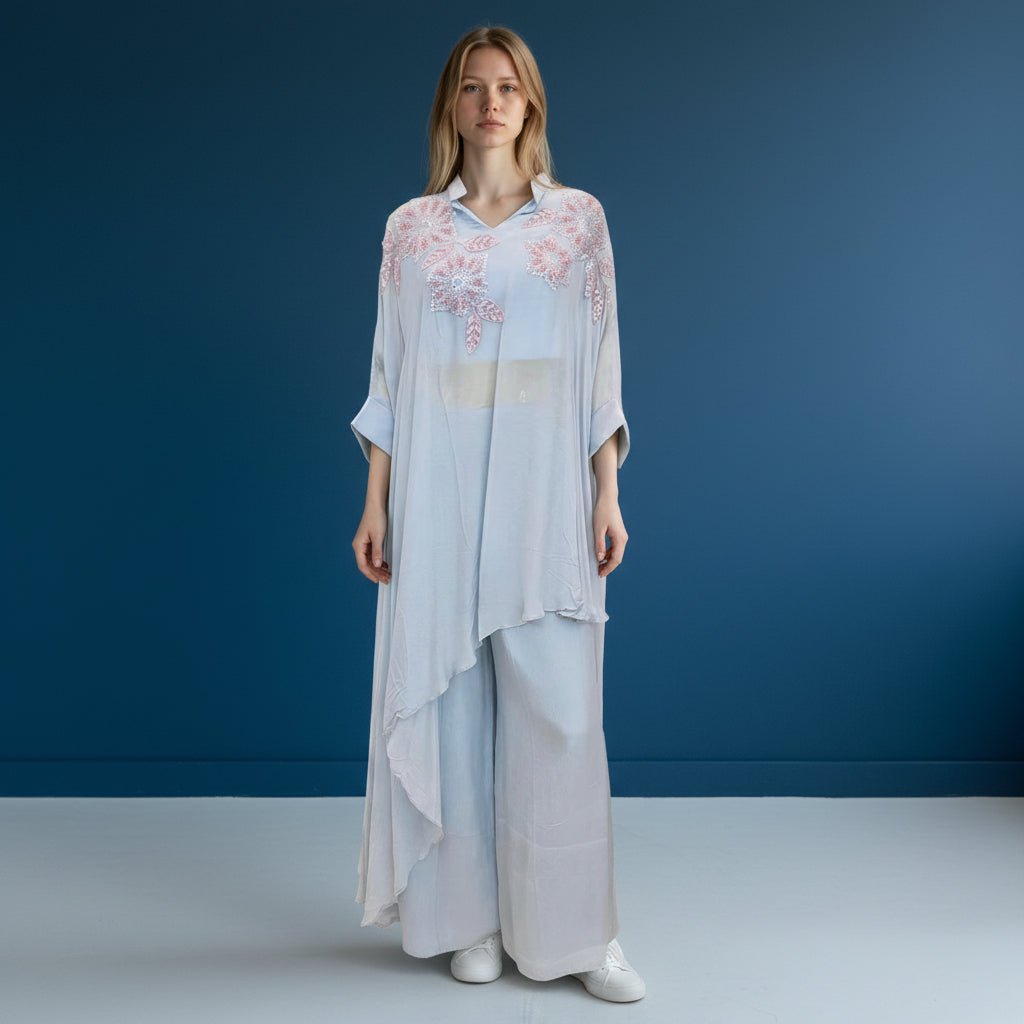 Light Blue with Pink Floral Shoulder Beadwork Kaftan