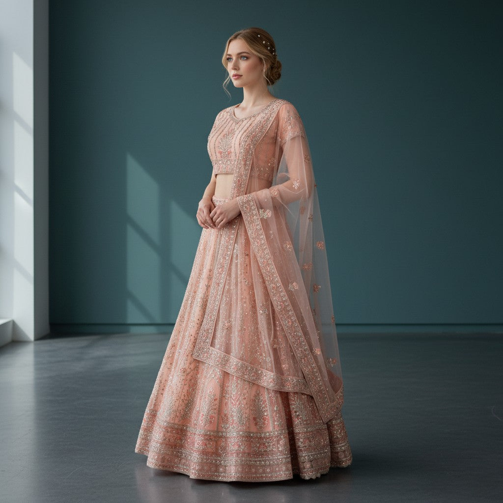 Glamorous Peach Lehenga with Vertical Shimmer and Floral Embroidery