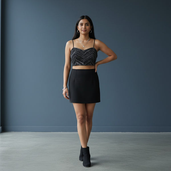 Spaghetti Straps with Fine Horizontal Silver Metallic Pleats Blouse