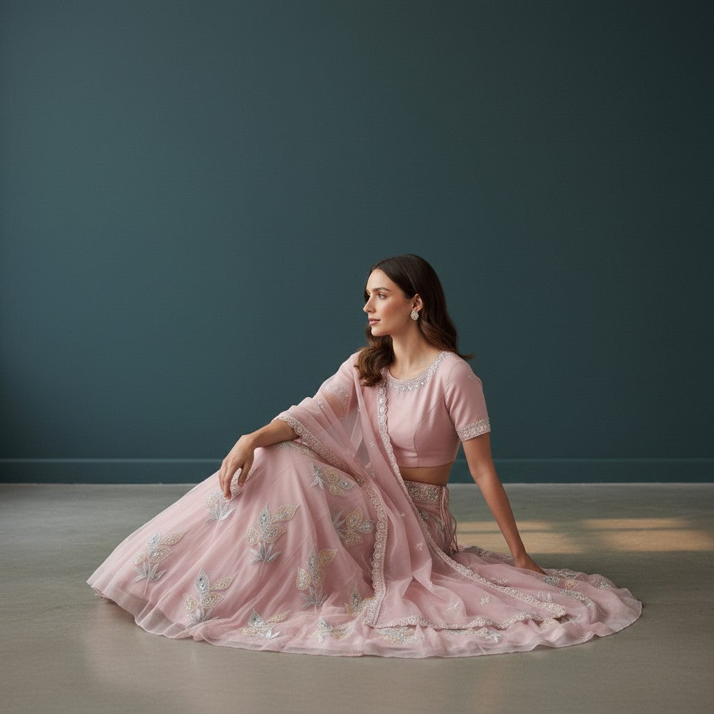 Delicate Dusty Rose Lehenga with Floral Leaf Motifs