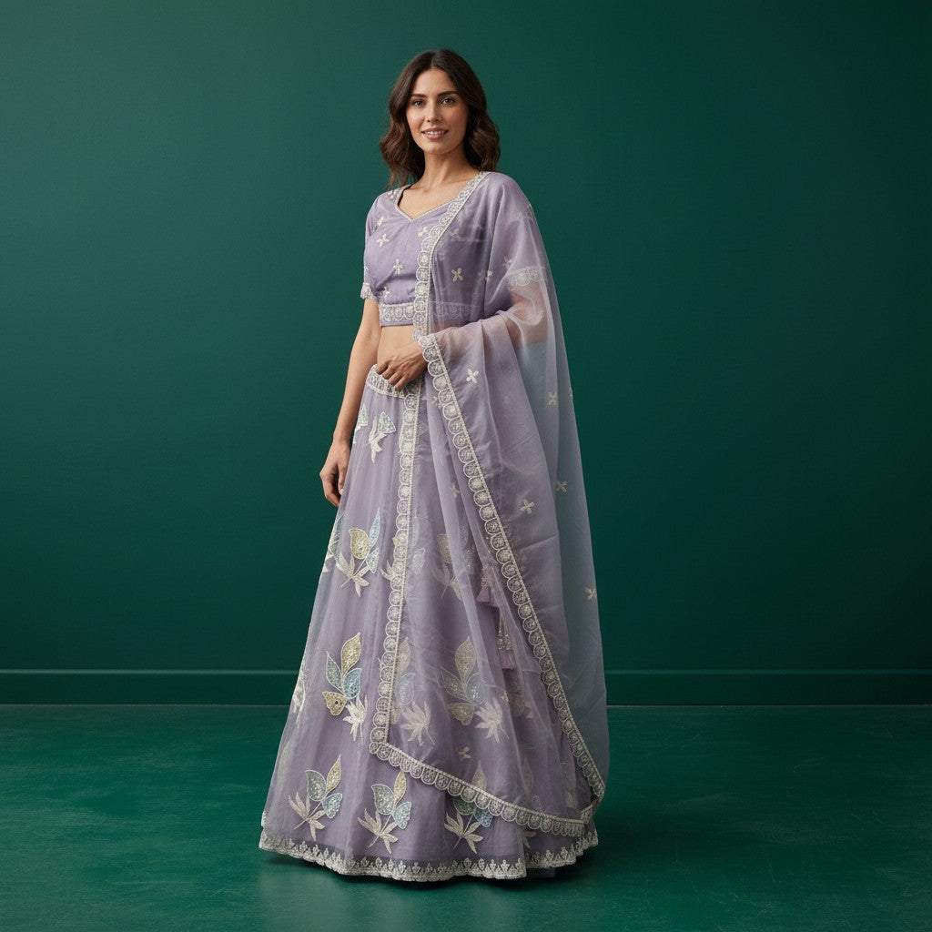 Lavender Floral Embroidered Saree with Lace Border