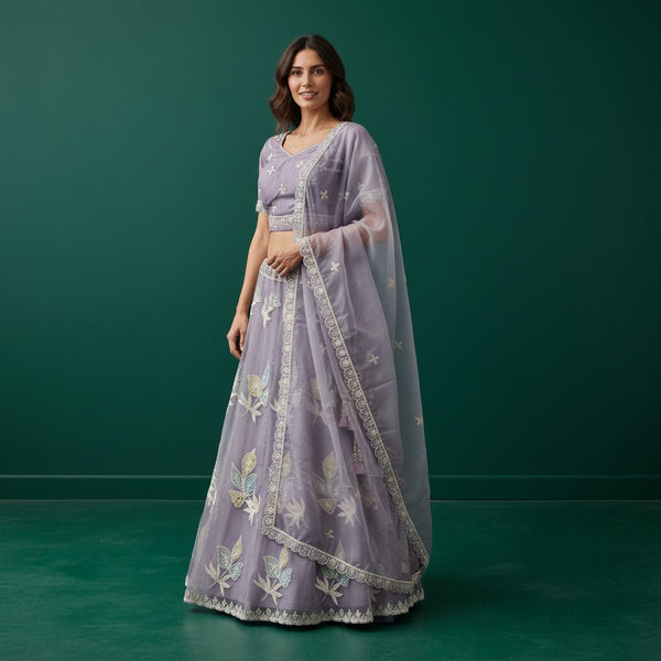 Lavender Floral Embroidered Saree with Lace Border