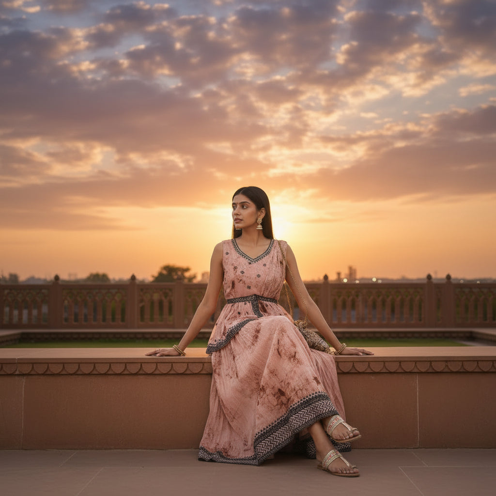 Crinkled Georgette Flared Tunic and Skirt Set