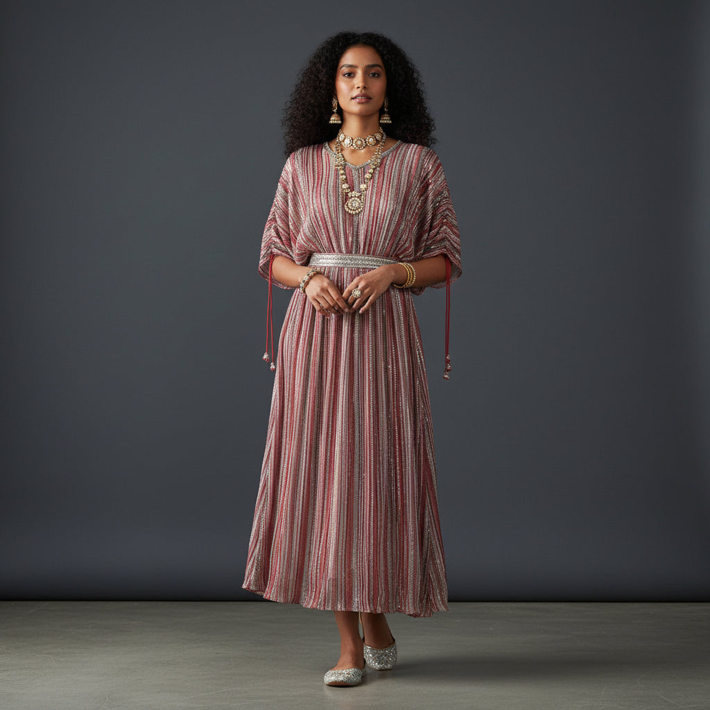 Striped/Zig-zag Pleated Gown with Silver Belt