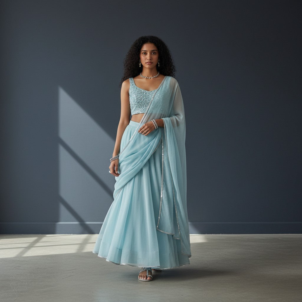 Ice Blue Sequined Lehenga Choli Set