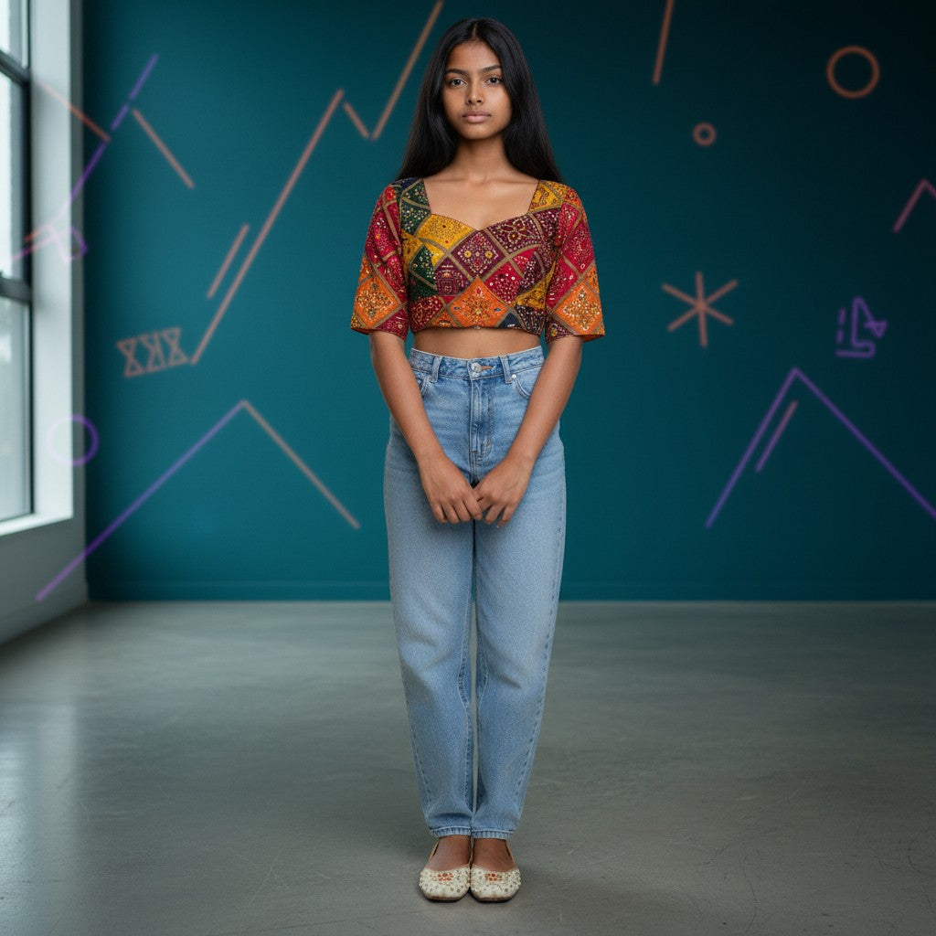 Geometric Bandhani Print Blouse with Orange Lining and Bold Red, Navy, Orange Patches