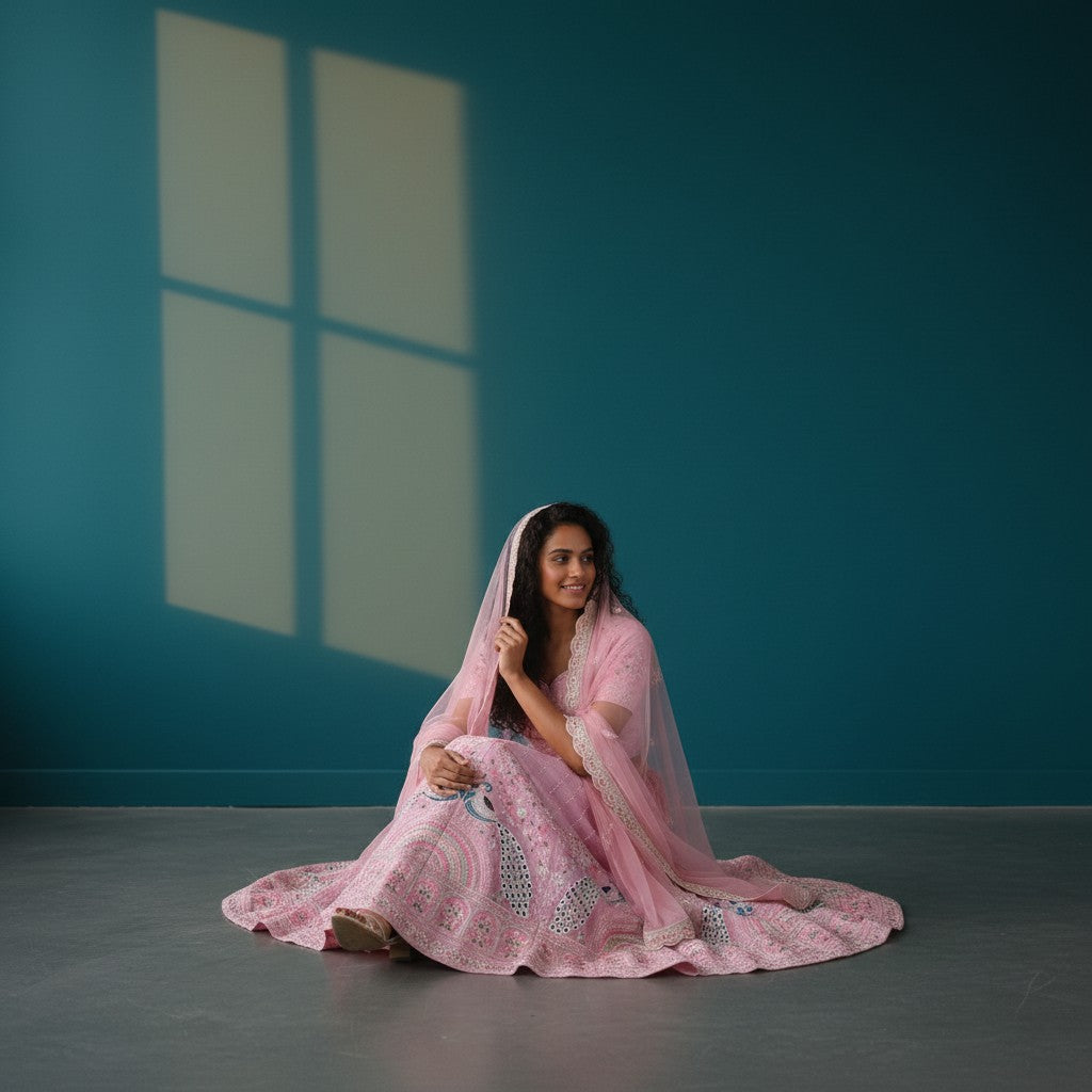 Vibrant Lehenga with Peacock Motif Embroidery and Light Pink Net Dupatta