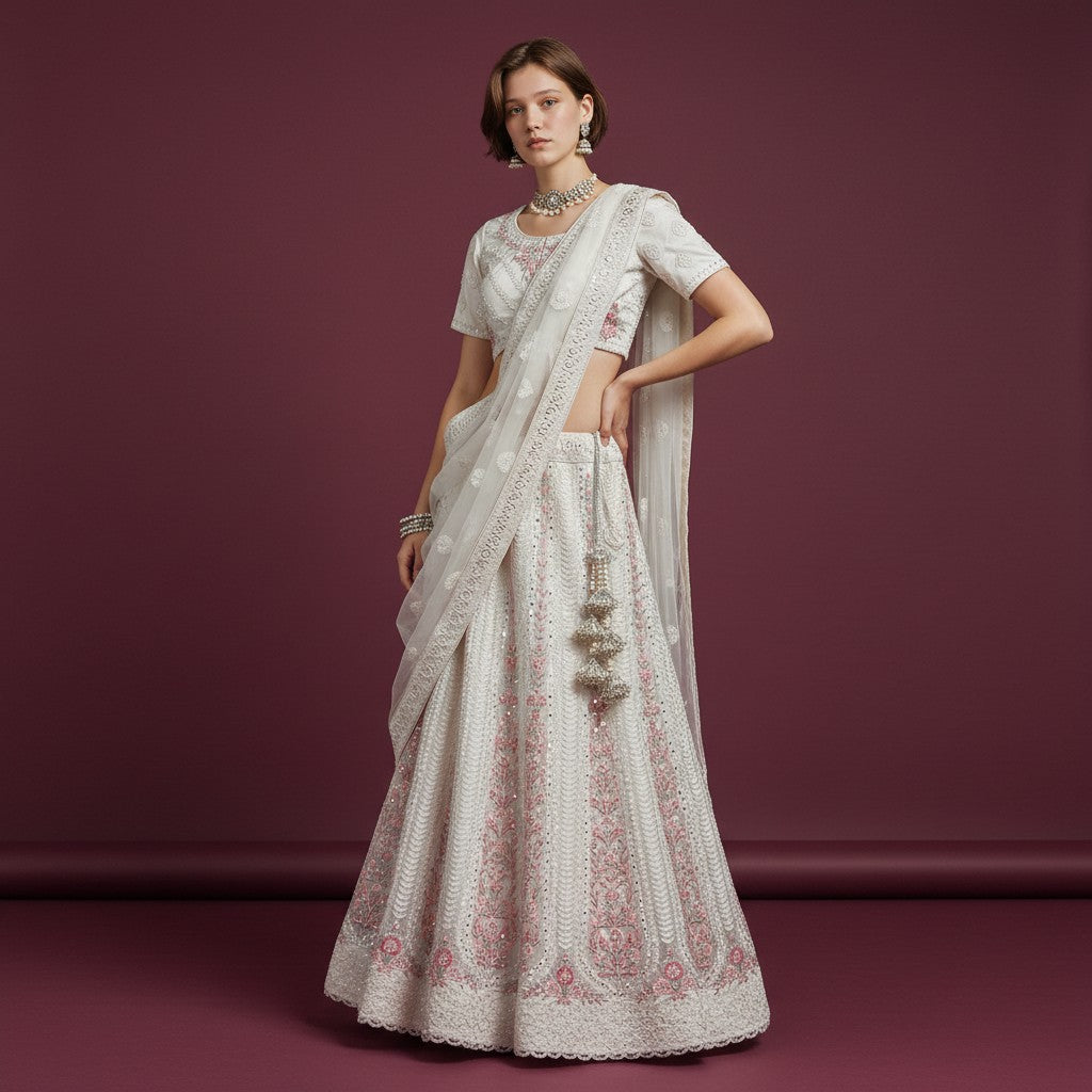 An elegant ivory 3-piece Ghagra Choli set with traditional Chikankari-style thread work, floral accents in peach, and heavy decorative latkan tassels.