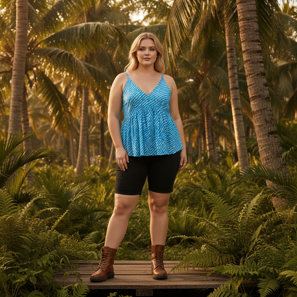 Peplum Style Printed Top in Turquoise Blue