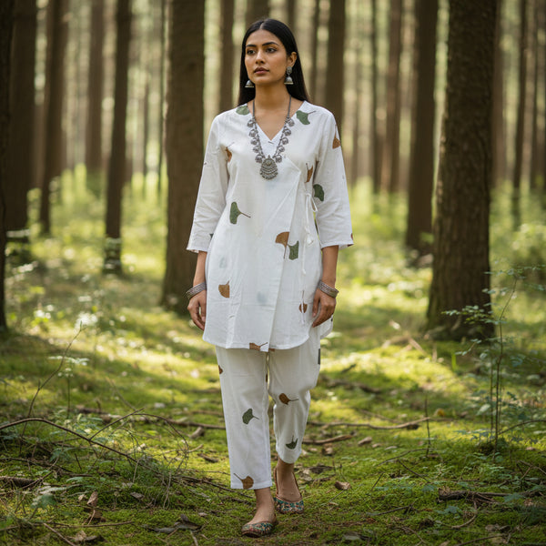 BT Stories 2-Piece Co-ord Set - Wrap-Style Tunic and Pants with Leaf Print