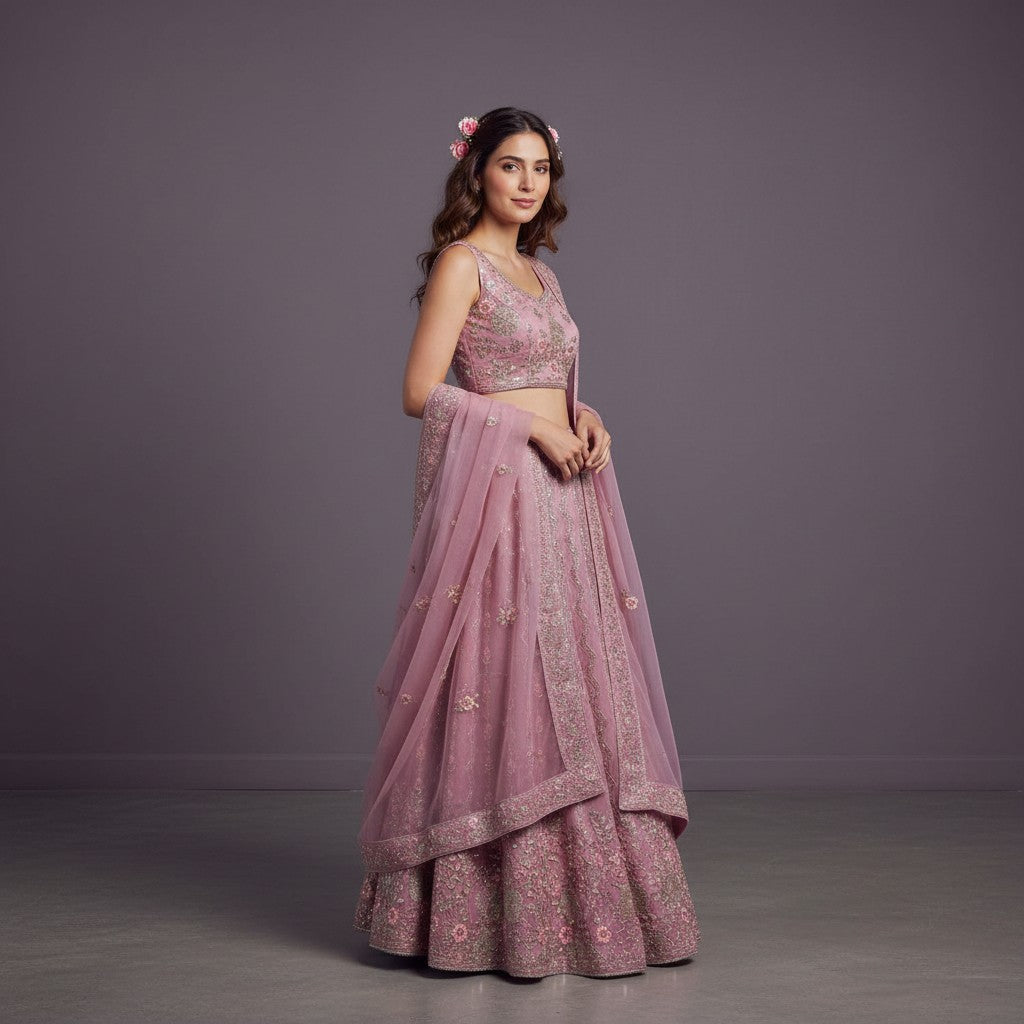 Sophisticated Lehenga with Vertical Geometric Embroidery and Floral Vine Motifs