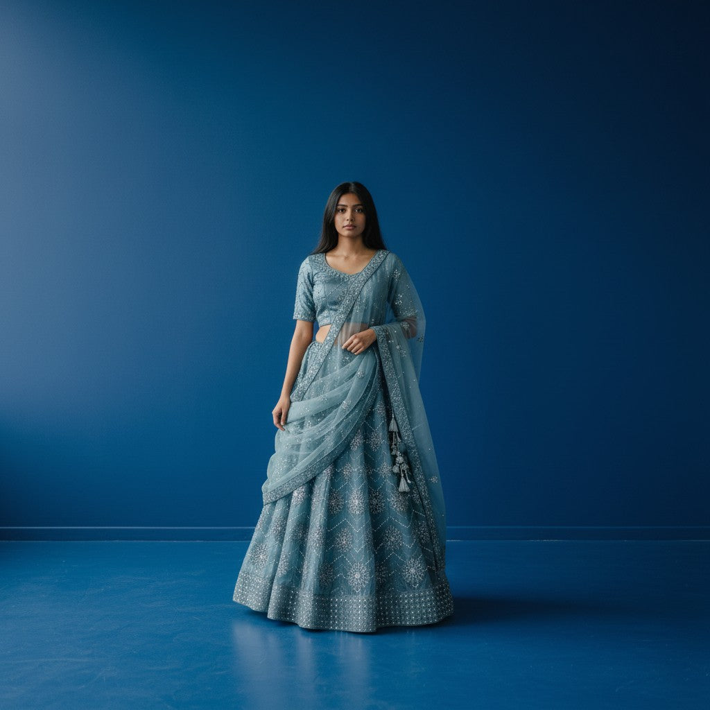 Floral Threadwork Lehenga with Matching Blouse and Tassel-Detailed Dupatta