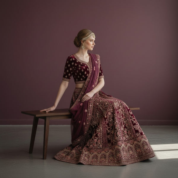 Luxurious Maroon Velvet Bridal Lehenga with Gold Embroidery