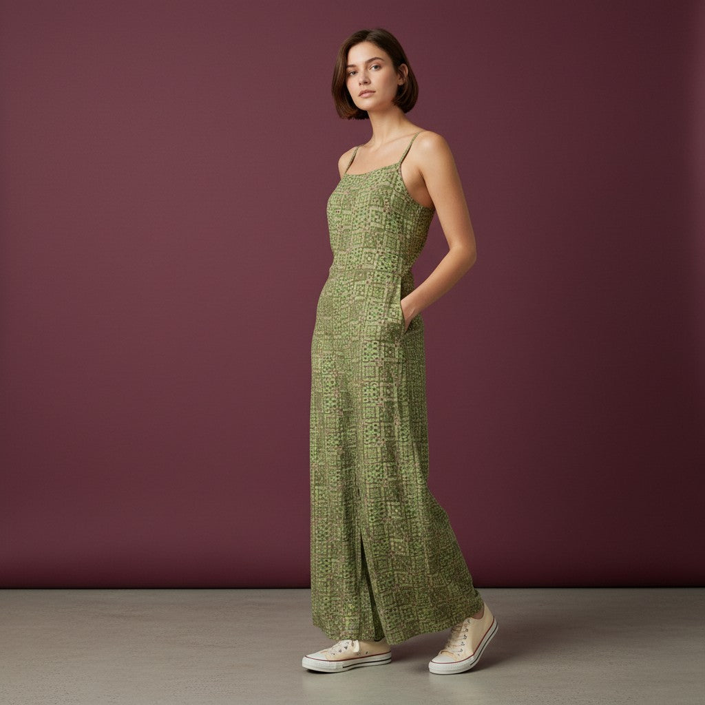 Sleeveless Spaghetti Strap Jumpsuit with Geometric Block Print