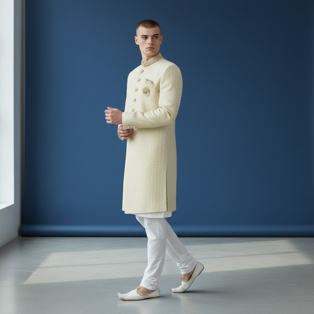 A Light Yellow colored Embroidered Sherwani