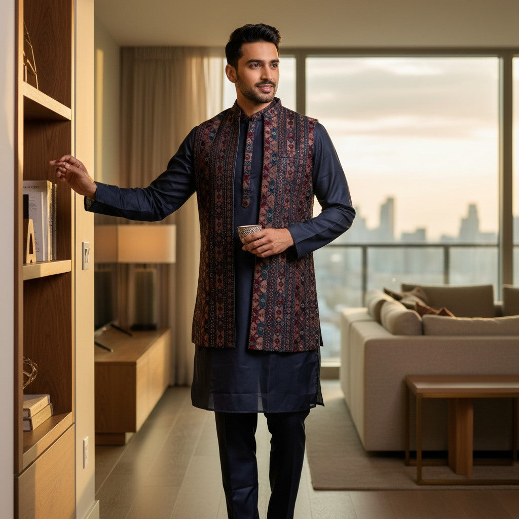 Men Navy Blue Kurta Set with Embroidered Burgundy Waistcoat