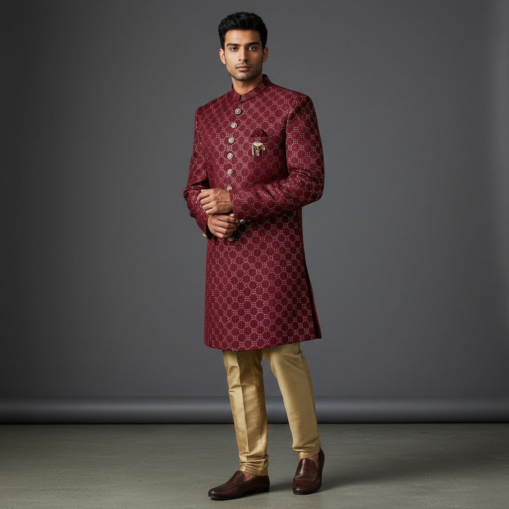 Maroon Embroidered Sherwani for Men