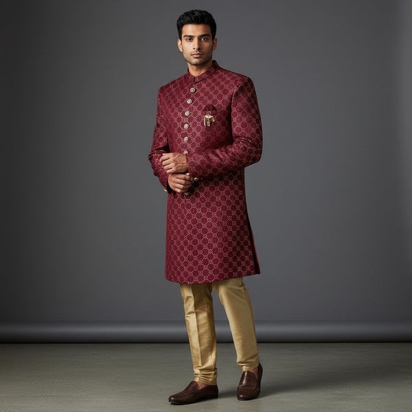 Maroon Embroidered Sherwani for Men