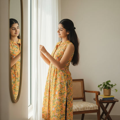 Rayon/Cotton Silk Floral Tunic Sleeveless Button-Down