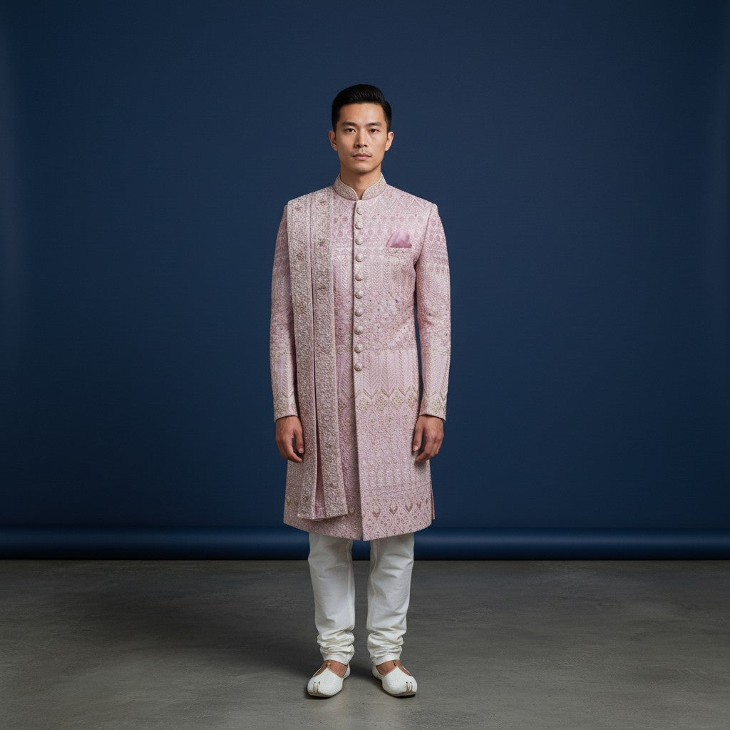 Pink Embroidered Men's Sherwani with Duppata
